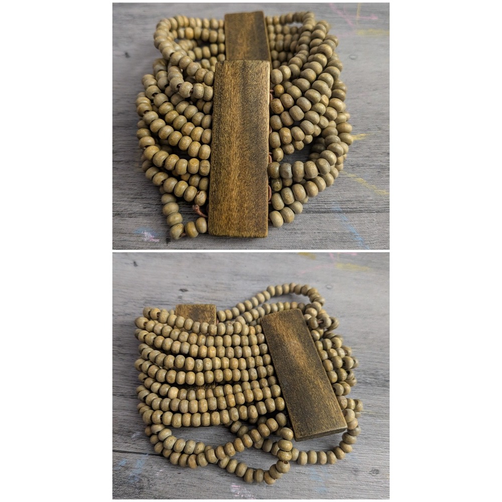 Boho Multi Strand Wooden Bead Stretch Cuff Bracelet Earthy Olive Brown